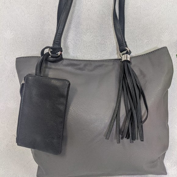 Style & Co. Handbags - STYLE & CO Brandy PVC faux-leather tasseled women's tote bag + pouch GREY